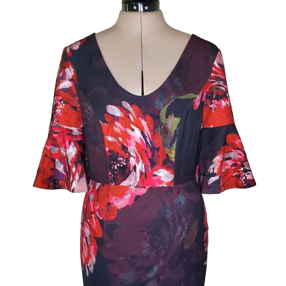 NEW Trina Turk Women’s Dress Size 2 Red Floral Bell Sleeve Stretch Sheath Dress - Picture 3 of 10